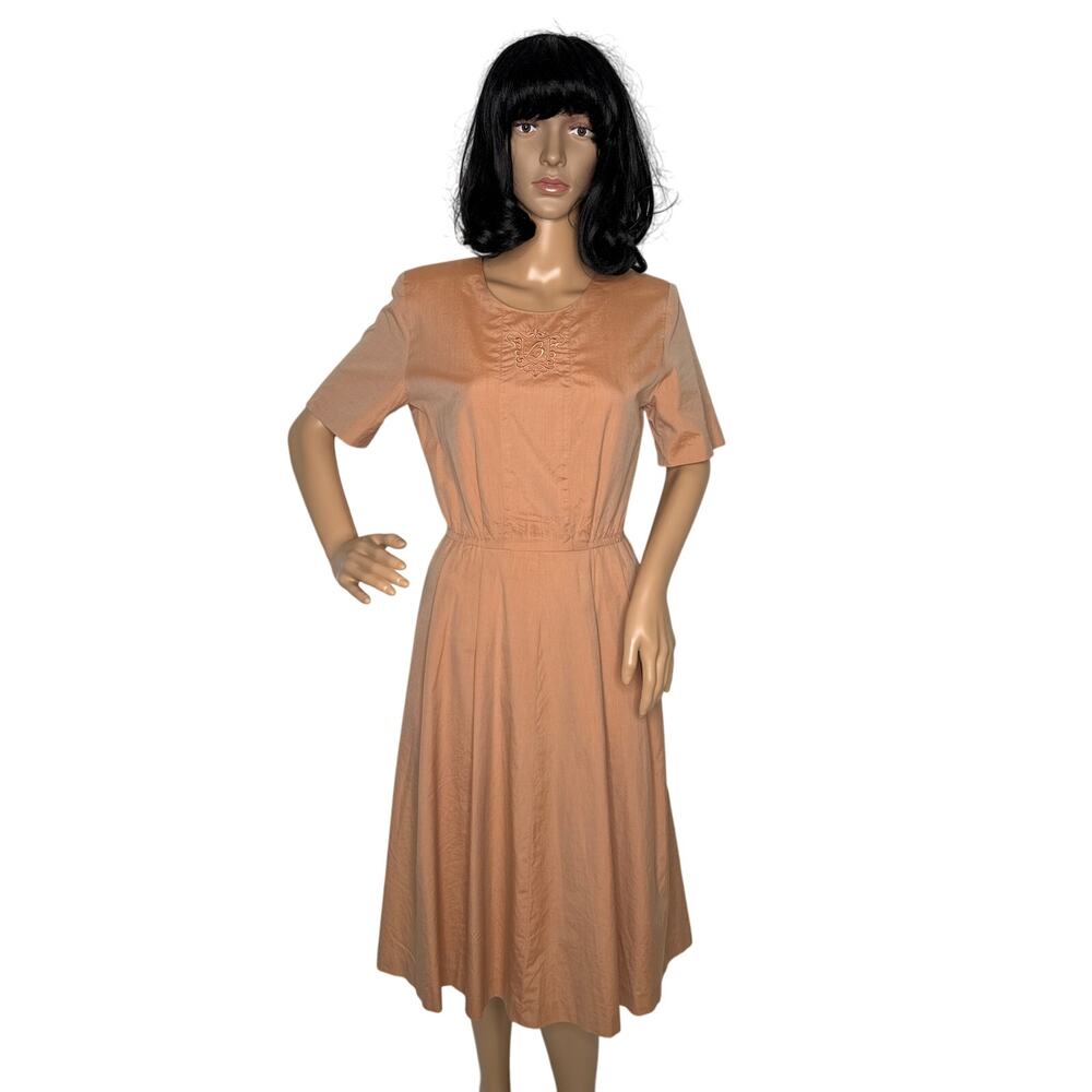 70's Burberrys Tan day dress Embroidered Crest, boulton zip & size tab small